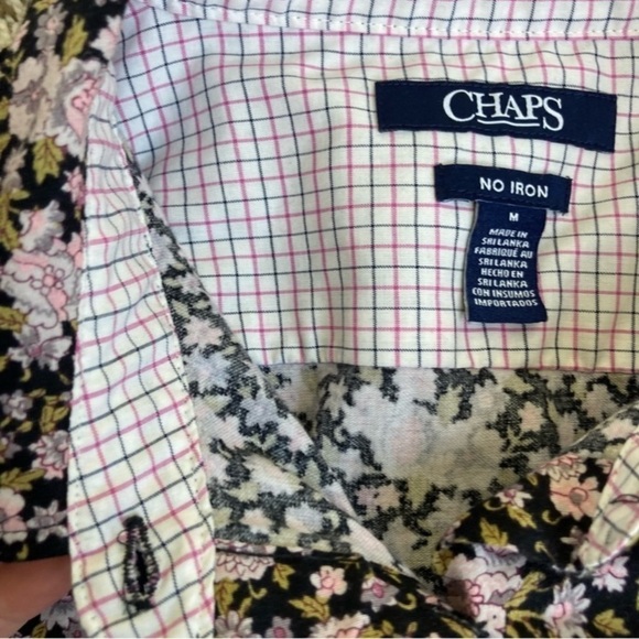 Chaps No Iron Button Down Shirt Black/Pink Ditsy Floral Contrasting Cuffs M - Picture 14 of 15